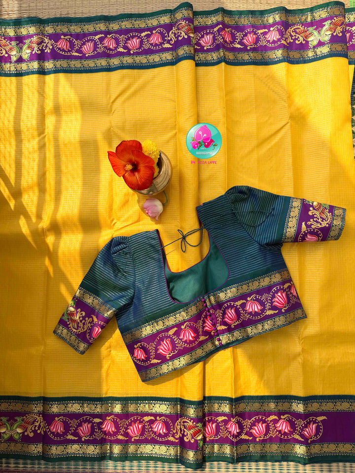 Sacred Sunbeams: Yellow Vaira Oosi Kanchipuram Saree with Tanjore Hand-Painted Artistry