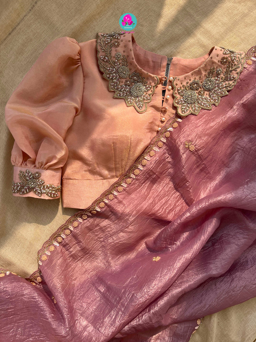 Soft Crush organza saree with hand embroidery paired with hand embroidered Blouse
