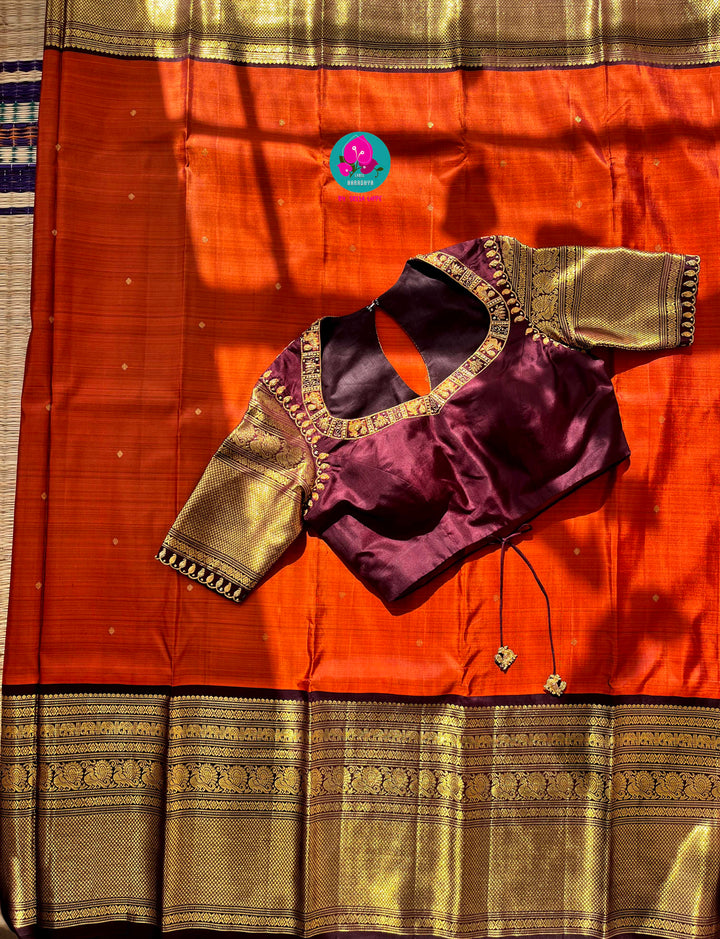 Pure Kanchipattu saree in vintage rust orange and brown border with hand embroidered blouse