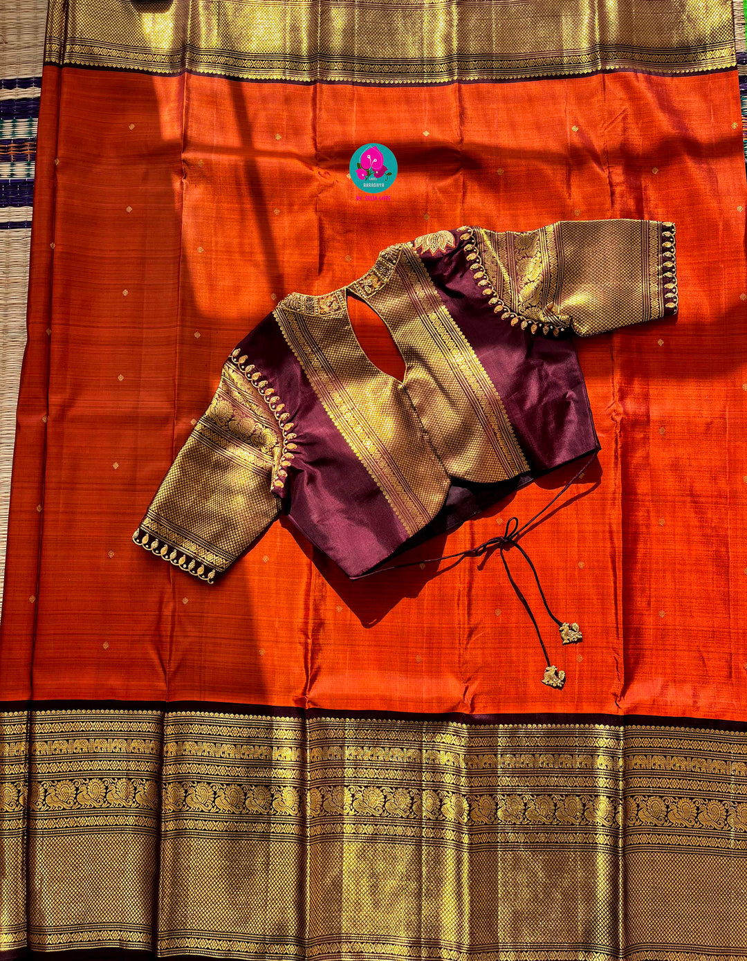 Pure Kanchipattu saree in vintage rust orange and brown border with hand embroidered blouse
