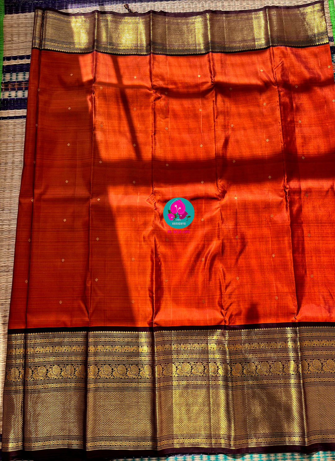 Pure Kanchipattu saree in vintage rust orange and brown border with hand embroidered blouse