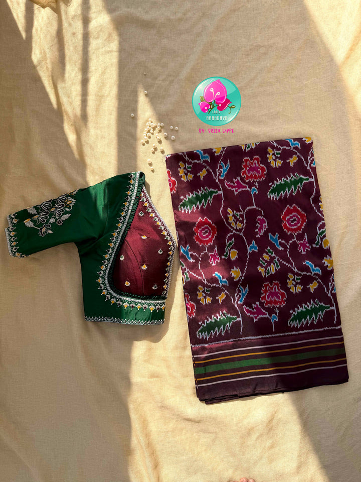 Sovereign Soil: Deep Brown Double Ikkat Saree with Forest Green Madhubala Grace Blouse