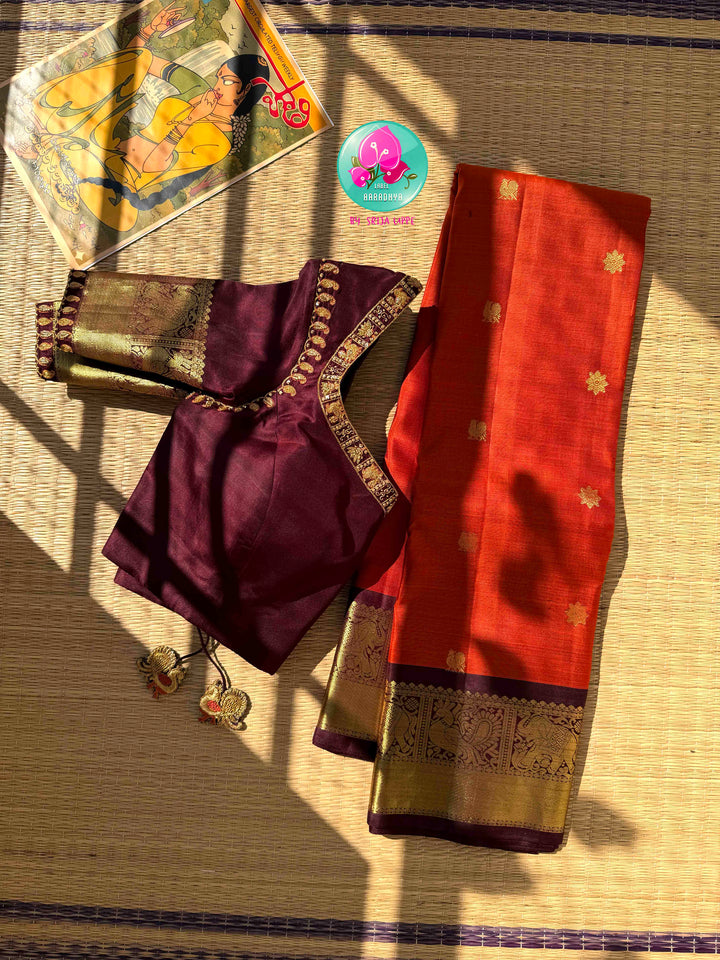 Vintage Earthy Elegance & Deep Chocolate Opulence: Pure Vintage Kanjeevaram Silk Saree in Rust Orange & Deep Brown with Hand-Embroidered Maggam Blouse