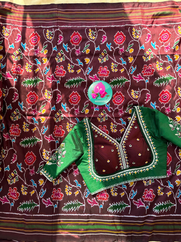 Sovereign Soil: Deep Brown Double Ikkat Saree with Forest Green Madhubala Grace Blouse