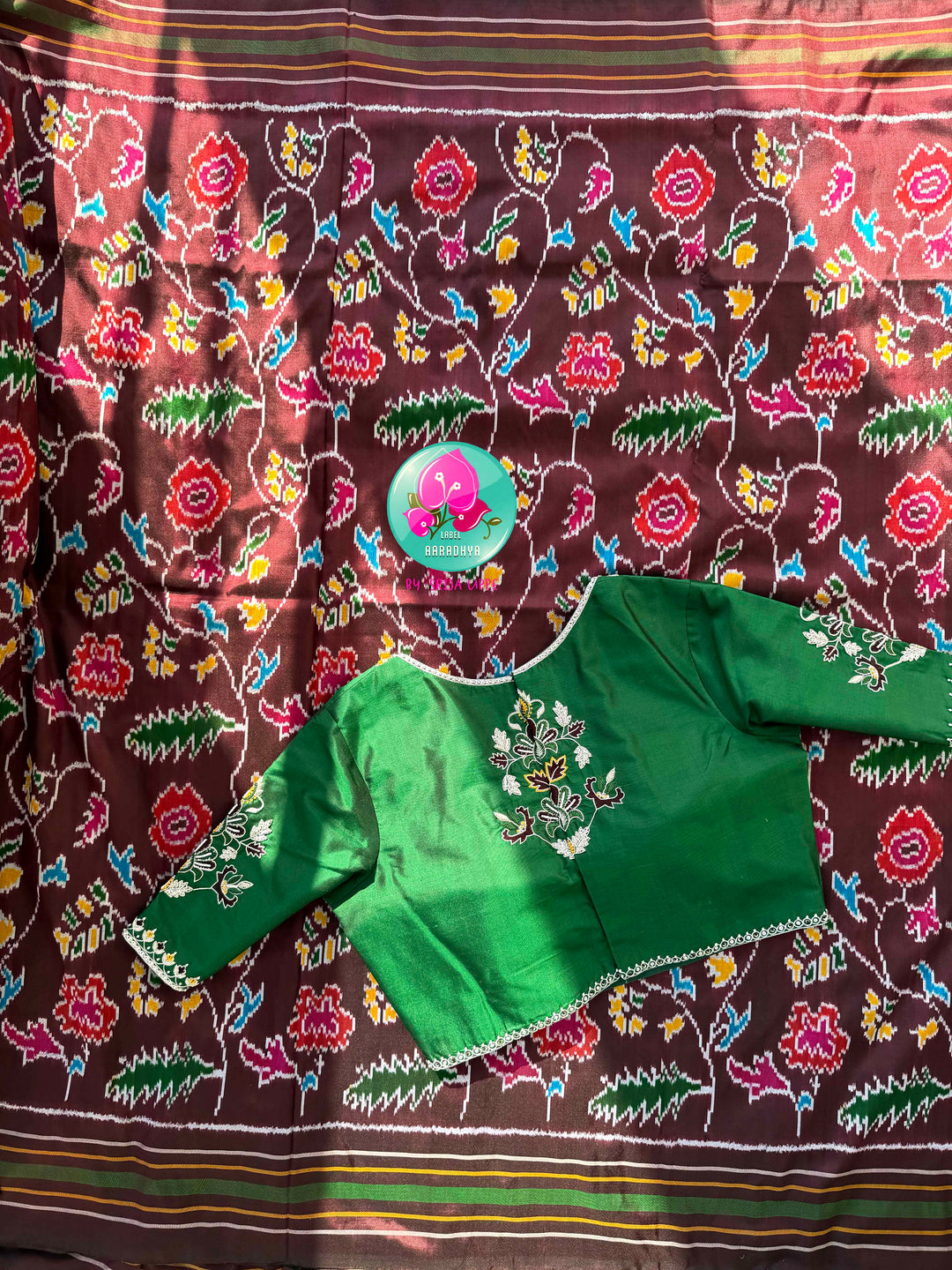 Sovereign Soil: Deep Brown Double Ikkat Saree with Forest Green Madhubala Grace Blouse
