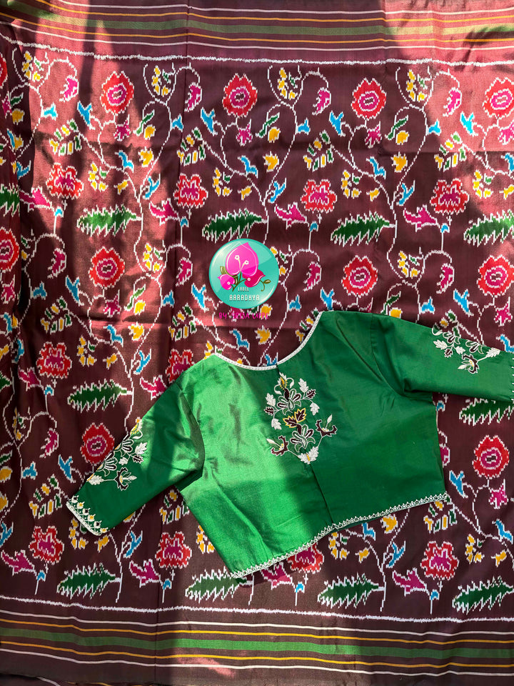 Sovereign Soil: Deep Brown Double Ikkat Saree with Forest Green Madhubala Grace Blouse