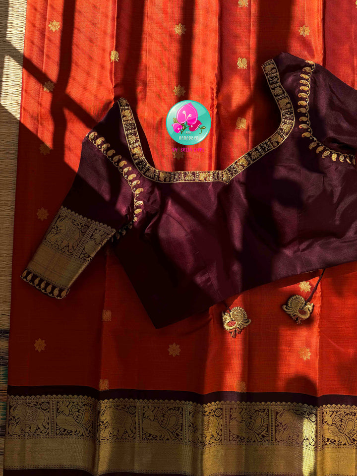 Vintage Earthy Elegance & Deep Chocolate Opulence: Pure Vintage Kanjeevaram Silk Saree in Rust Orange & Deep Brown with Hand-Embroidered Maggam Blouse