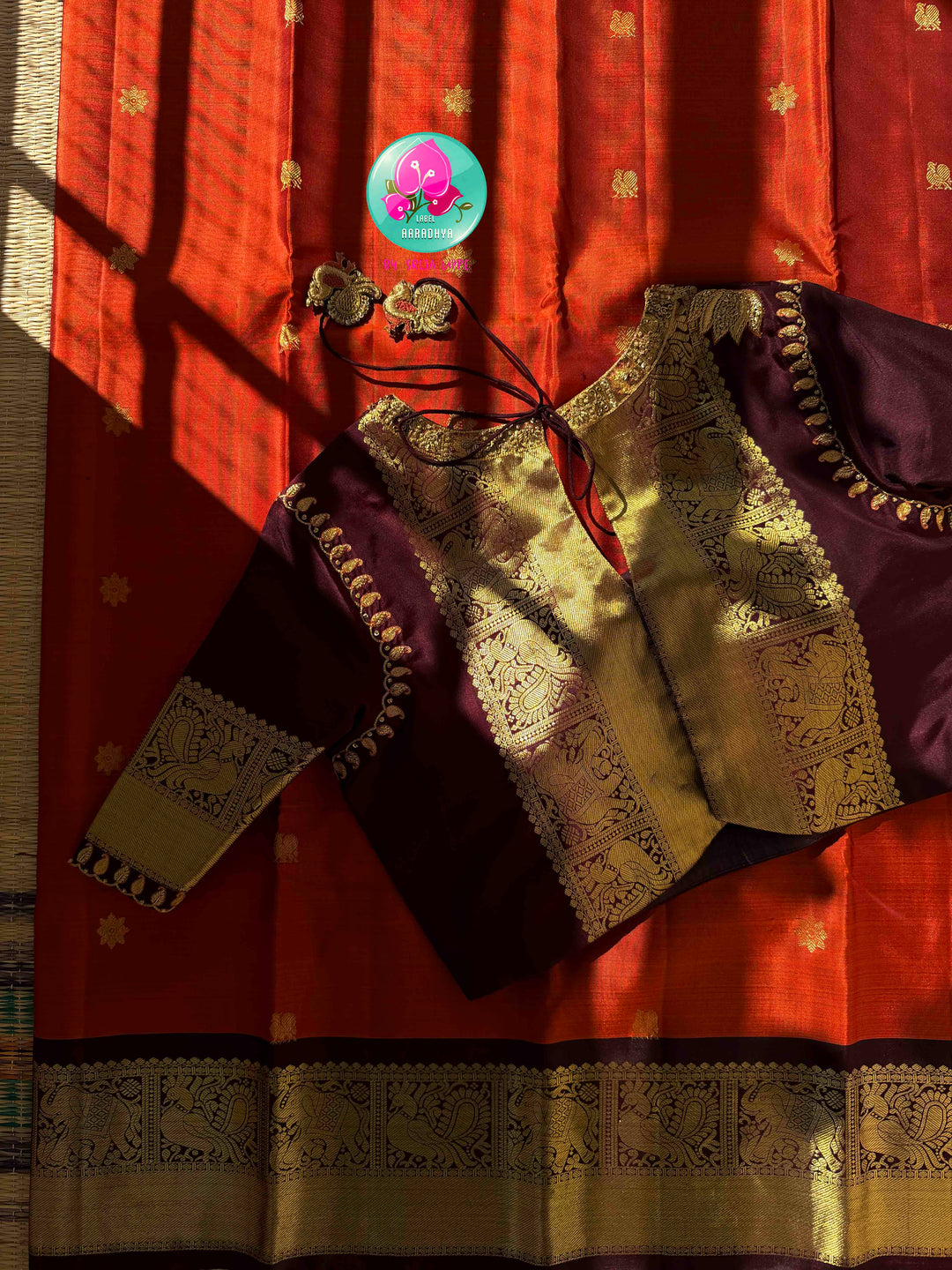 Vintage Earthy Elegance & Deep Chocolate Opulence: Pure Vintage Kanjeevaram Silk Saree in Rust Orange & Deep Brown with Hand-Embroidered Maggam Blouse
