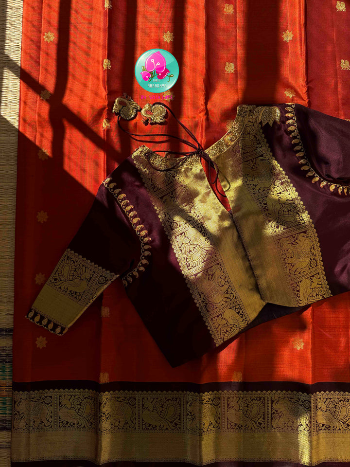 Vintage Earthy Elegance & Deep Chocolate Opulence: Pure Vintage Kanjeevaram Silk Saree in Rust Orange & Deep Brown with Hand-Embroidered Maggam Blouse