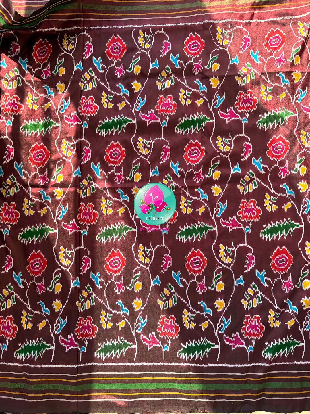 Sovereign Soil: Deep Brown Double Ikkat Saree with Forest Green Madhubala Grace Blouse