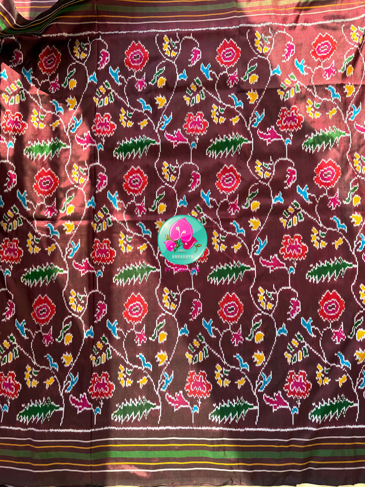 Sovereign Soil: Deep Brown Double Ikkat Saree with Forest Green Madhubala Grace Blouse