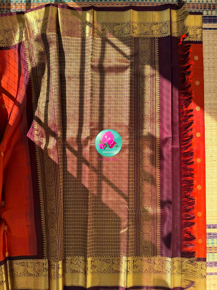 Vintage Earthy Elegance & Deep Chocolate Opulence: Pure Vintage Kanjeevaram Silk Saree in Rust Orange & Deep Brown with Hand-Embroidered Maggam Blouse