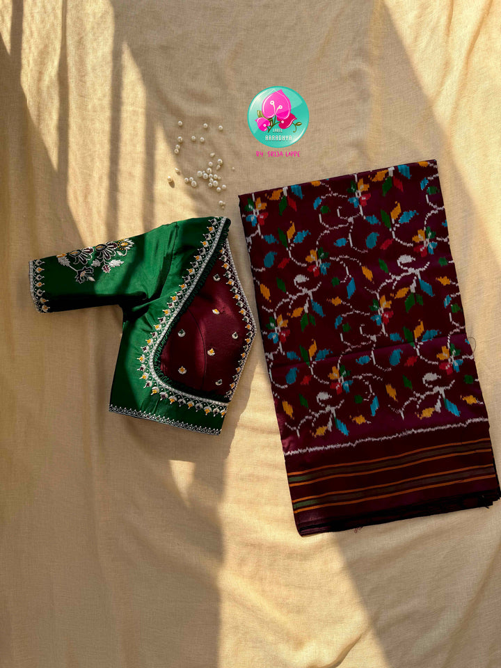 Sovereign Soil: Deep Brown Double Ikkat Saree with Forest Green Madhubala Grace Blouse