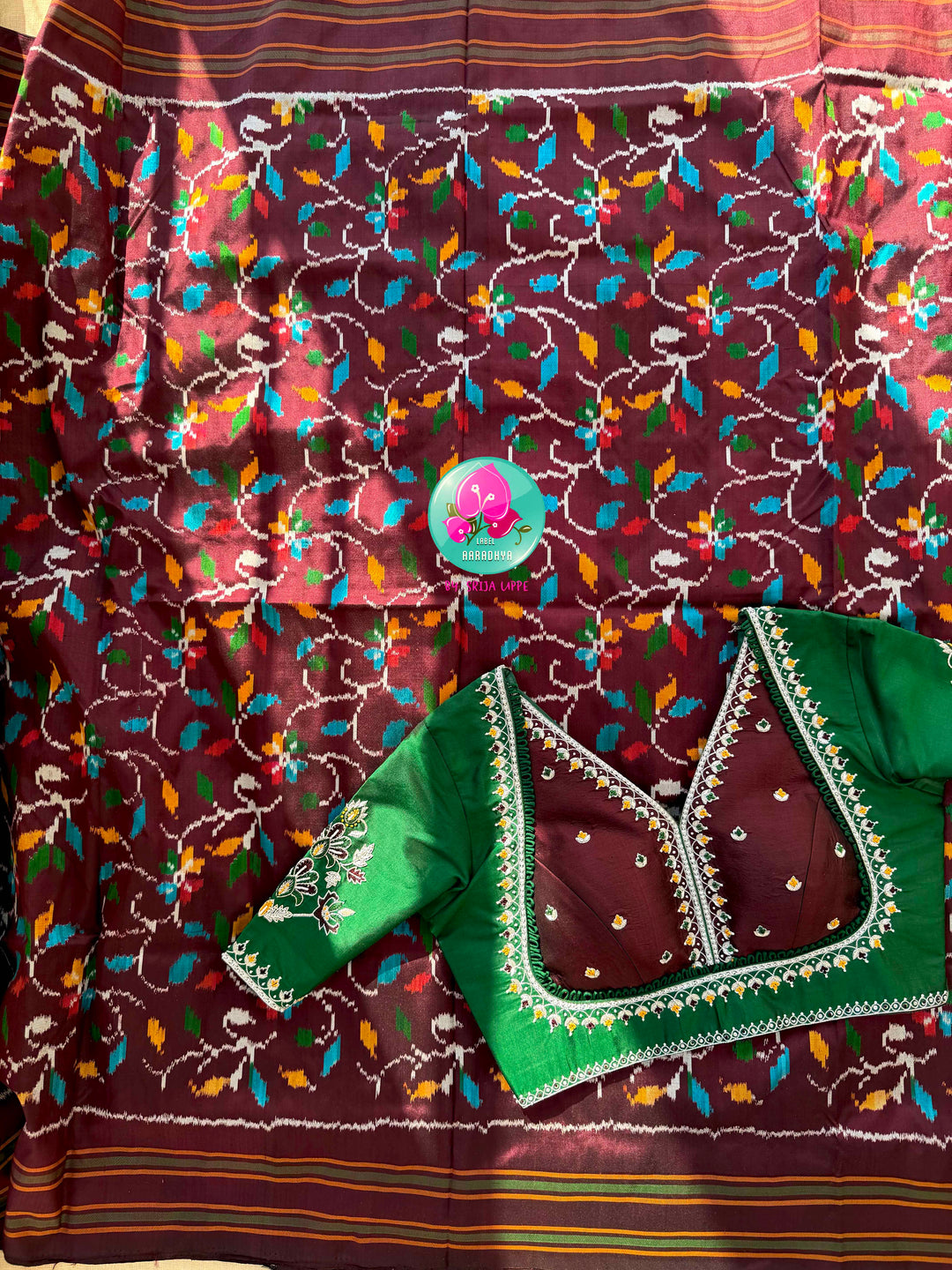 Sovereign Soil: Deep Brown Double Ikkat Saree with Forest Green Madhubala Grace Blouse