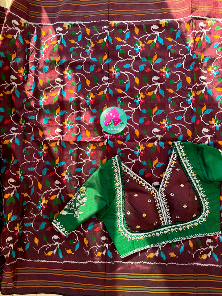 Sovereign Soil: Deep Brown Double Ikkat Saree with Forest Green Madhubala Grace Blouse
