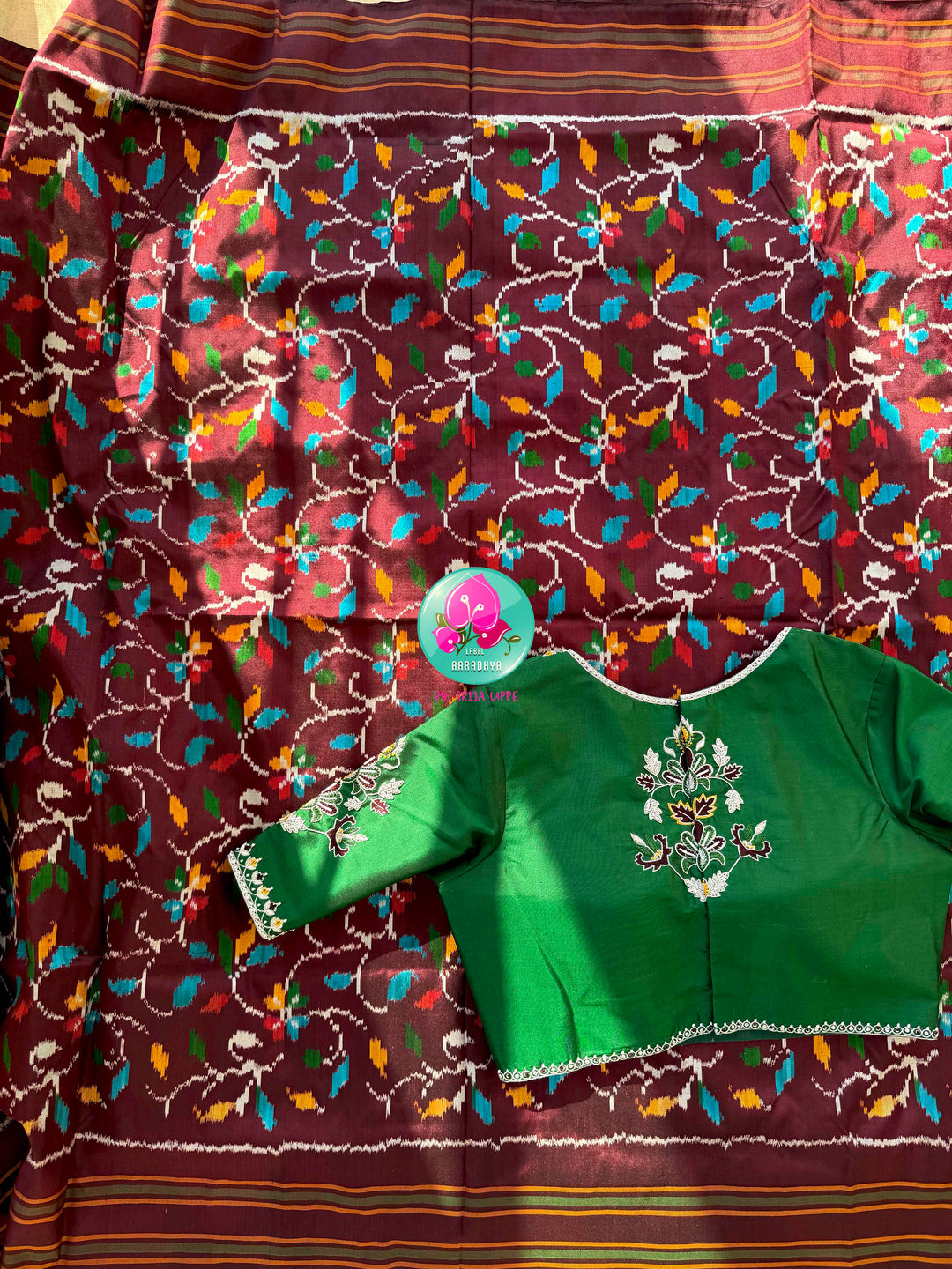 Sovereign Soil: Deep Brown Double Ikkat Saree with Forest Green Madhubala Grace Blouse