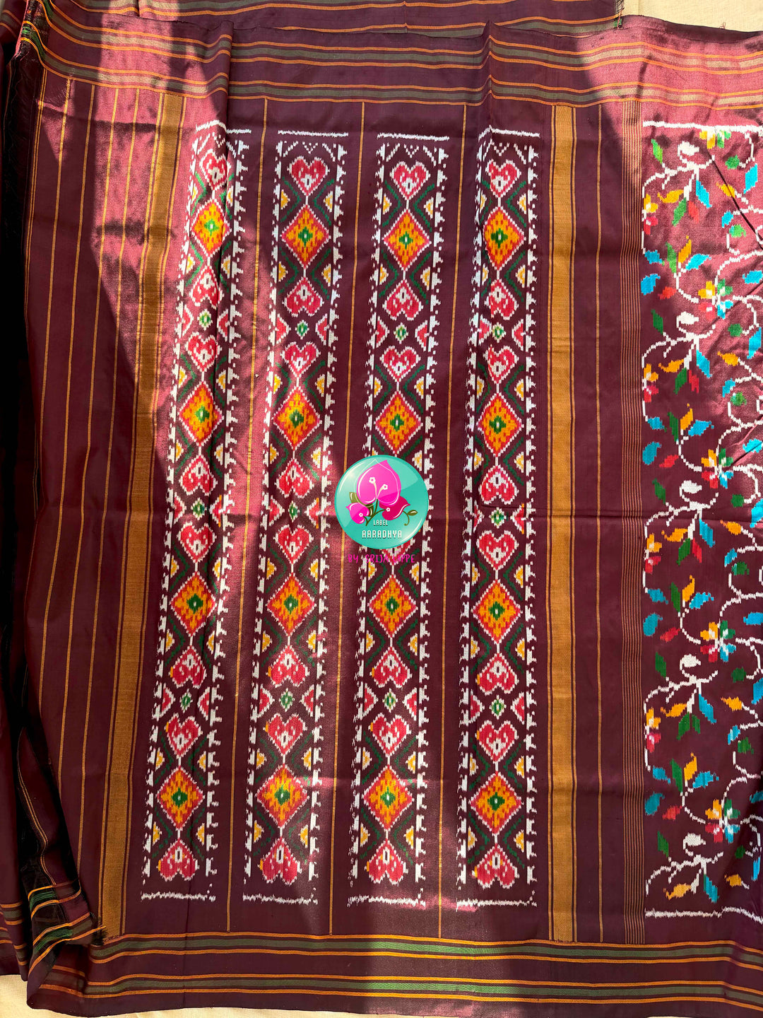 Sovereign Soil: Deep Brown Double Ikkat Saree with Forest Green Madhubala Grace Blouse