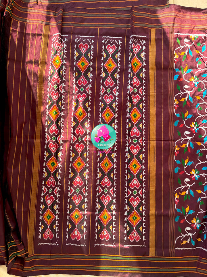 Sovereign Soil: Deep Brown Double Ikkat Saree with Forest Green Madhubala Grace Blouse