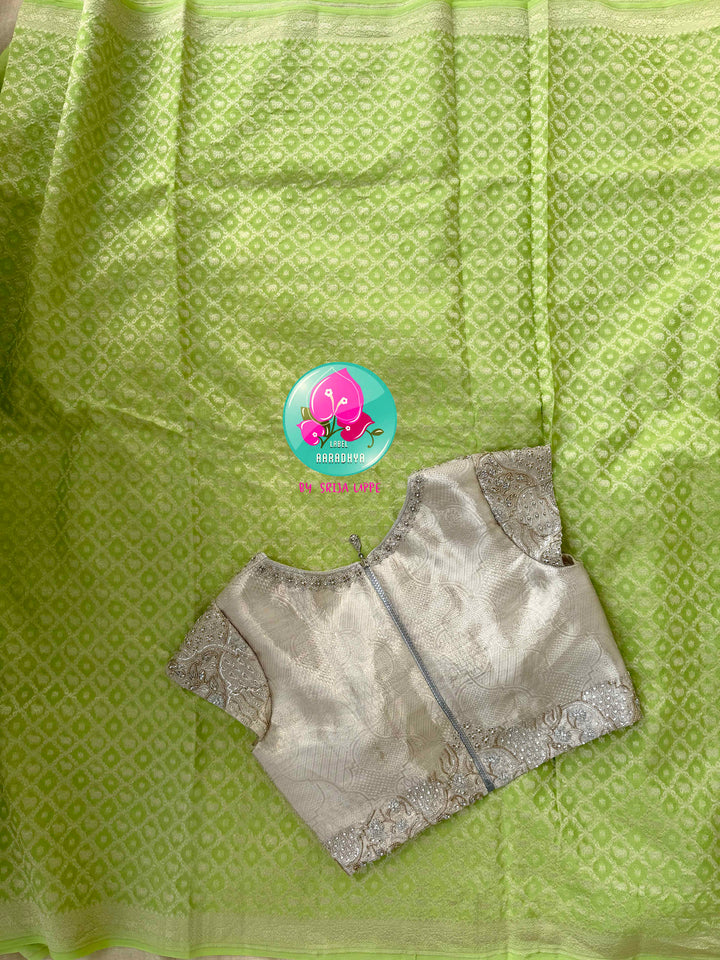 Verdant Radiance: Parrot Green Banarasi Khaddi Georgette Saree with Nandhini Grace with hand embroidered blouse