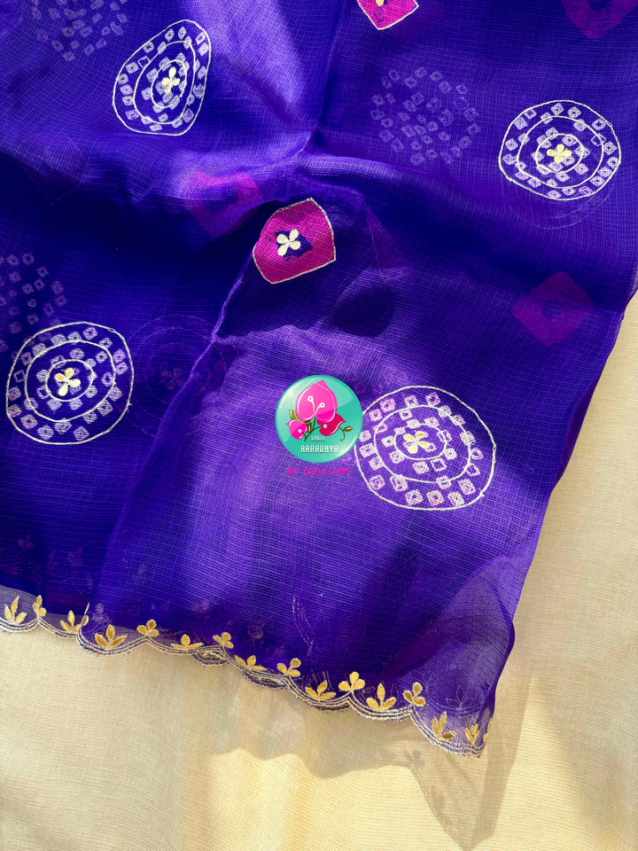 Gilded Zephyr: Pure Kota Silk Bandhani Saree with Scalloped Gota Patti Artistry