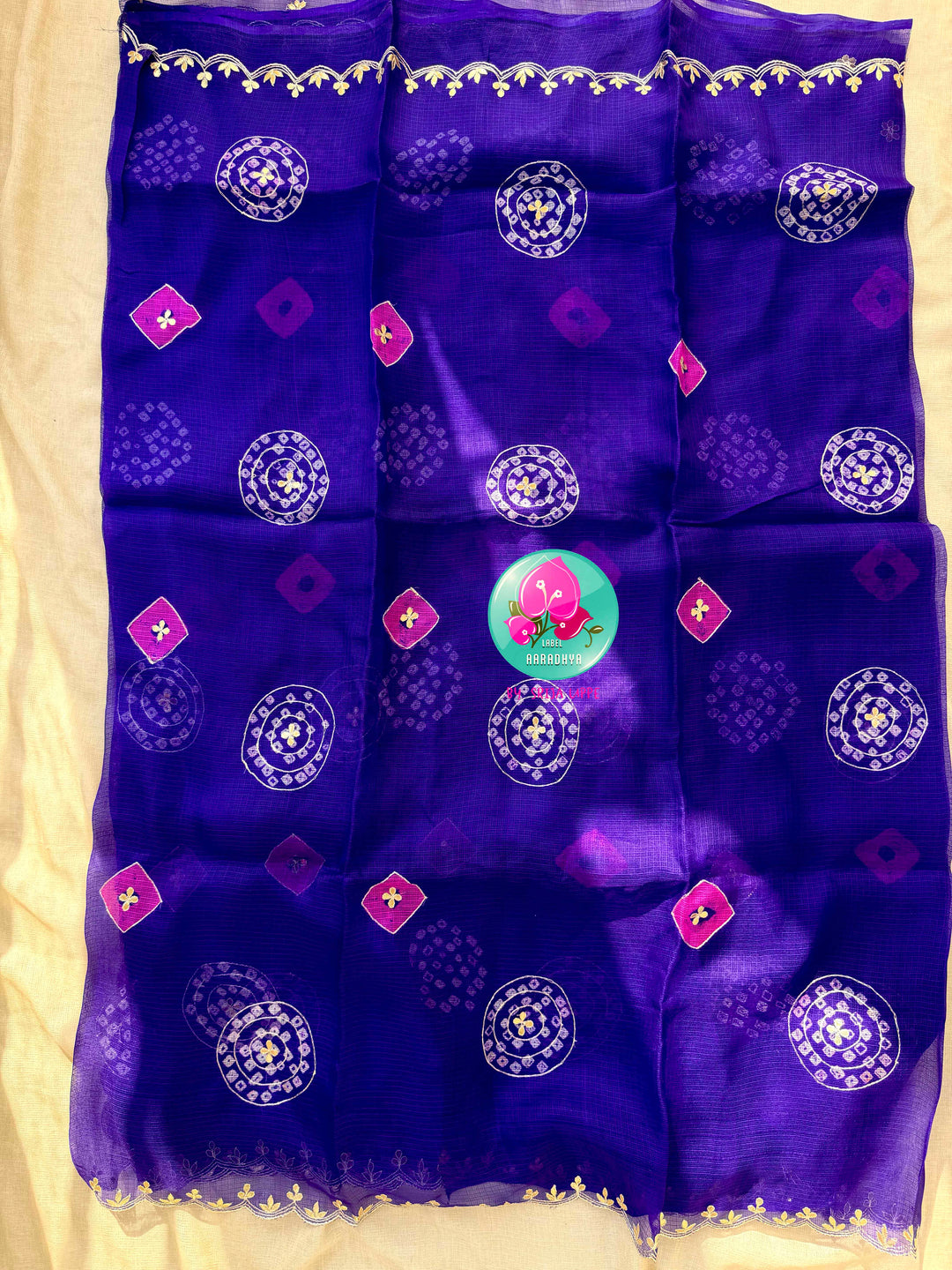 Gilded Zephyr: Pure Kota Silk Bandhani Saree with Scalloped Gota Patti Artistry