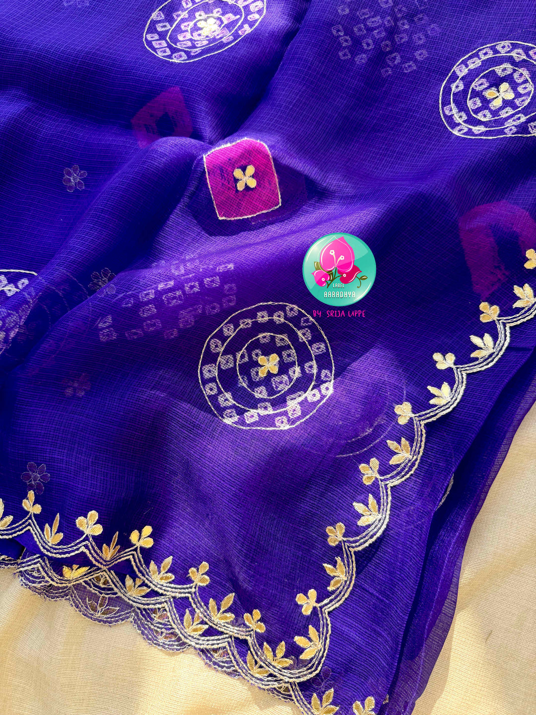 Gilded Zephyr: Pure Kota Silk Bandhani Saree with Scalloped Gota Patti Artistry