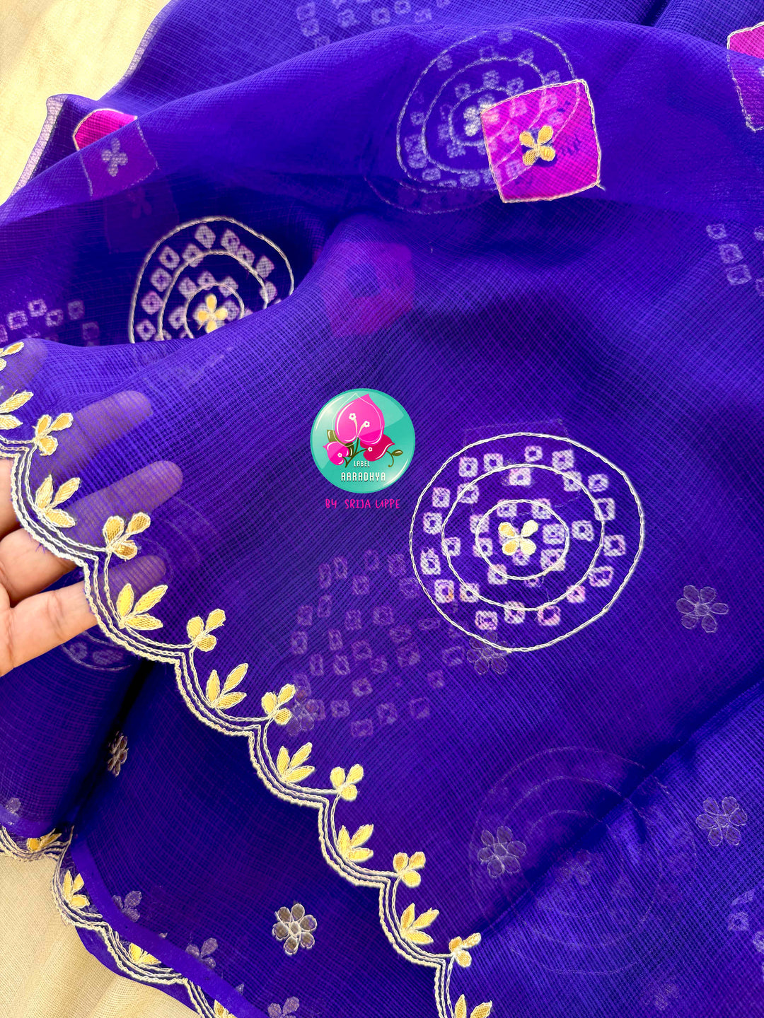 Gilded Zephyr: Pure Kota Silk Bandhani Saree with Scalloped Gota Patti Artistry