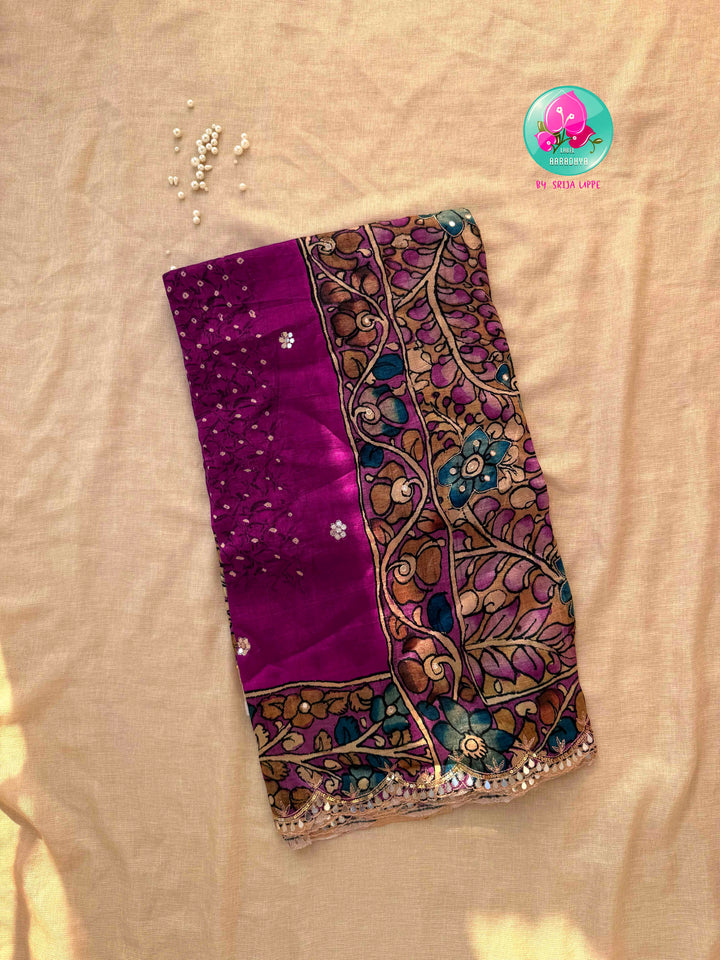 The Artisan’s Intersection: Magenta pink Kalamkari & Bandhani Fusion Saree on Semi Tussar Silk