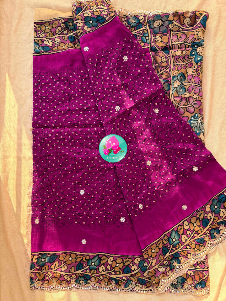 The Artisan’s Intersection: Magenta pink Kalamkari & Bandhani Fusion Saree on Semi Tussar Silk