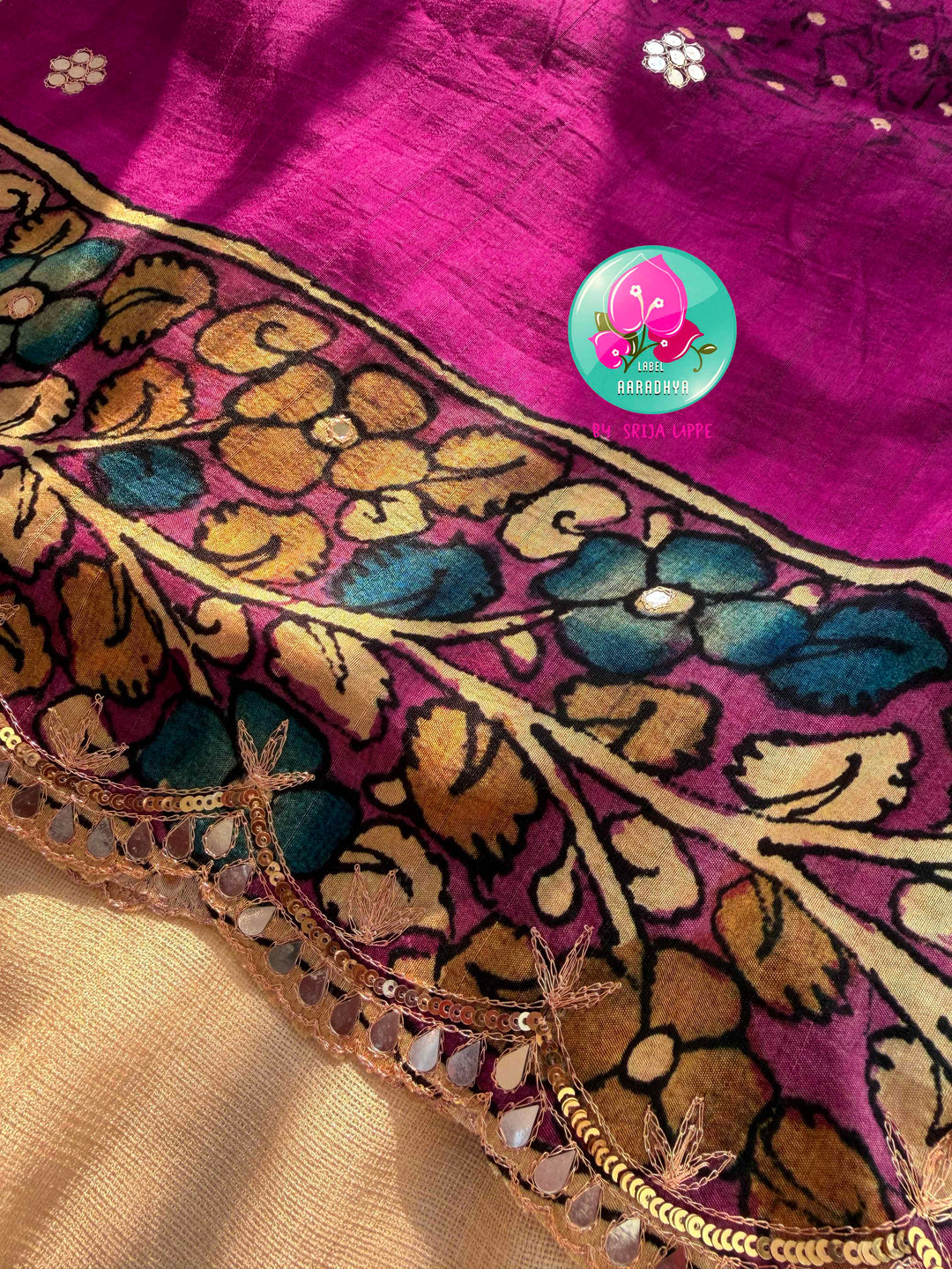The Artisan’s Intersection: Magenta pink Kalamkari & Bandhani Fusion Saree on Semi Tussar Silk