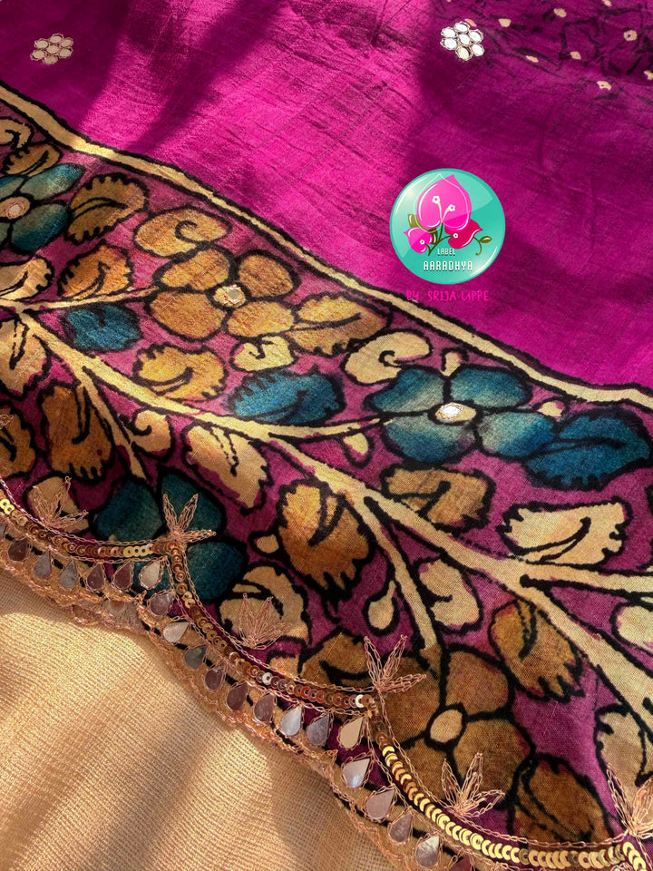 The Artisan’s Intersection: Magenta pink Kalamkari & Bandhani Fusion Saree on Semi Tussar Silk
