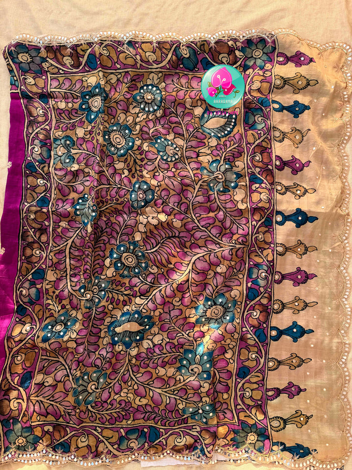 The Artisan’s Intersection: Magenta pink Kalamkari & Bandhani Fusion Saree on Semi Tussar Silk