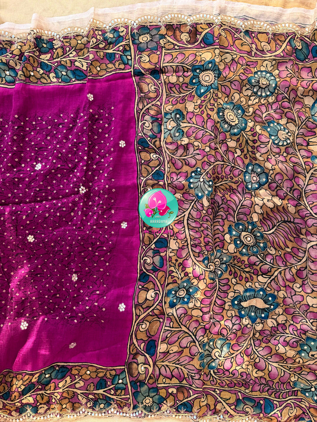 The Artisan’s Intersection: Magenta pink Kalamkari & Bandhani Fusion Saree on Semi Tussar Silk