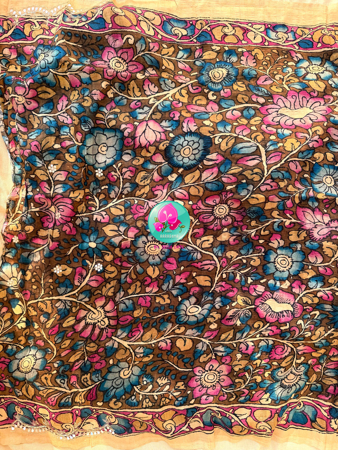 The Artisan’s Intersection: Magenta pink Kalamkari & Bandhani Fusion Saree on Semi Tussar Silk