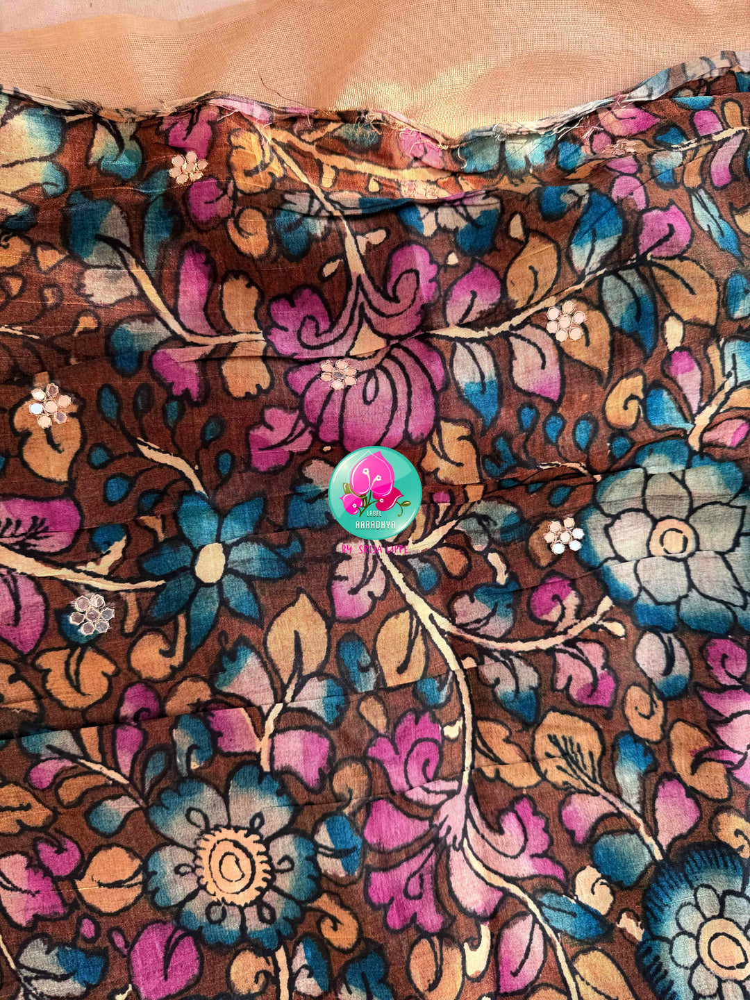 The Artisan’s Intersection: Magenta pink Kalamkari & Bandhani Fusion Saree on Semi Tussar Silk