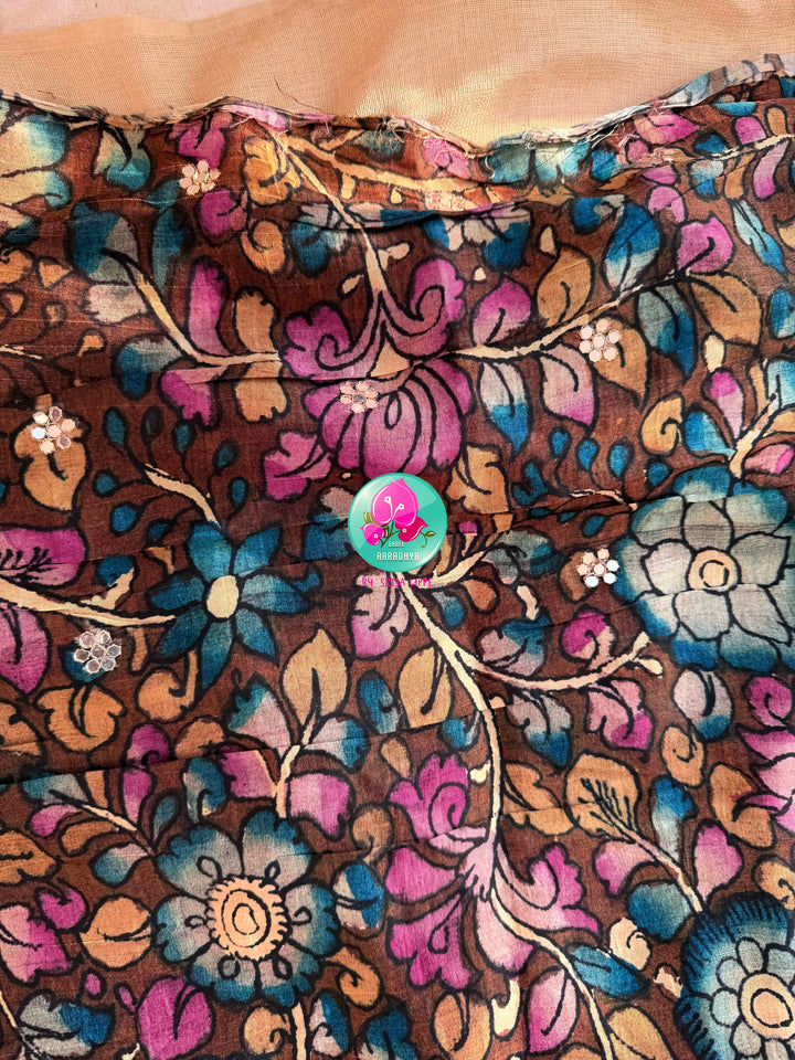 The Artisan’s Intersection: Magenta pink Kalamkari & Bandhani Fusion Saree on Semi Tussar Silk