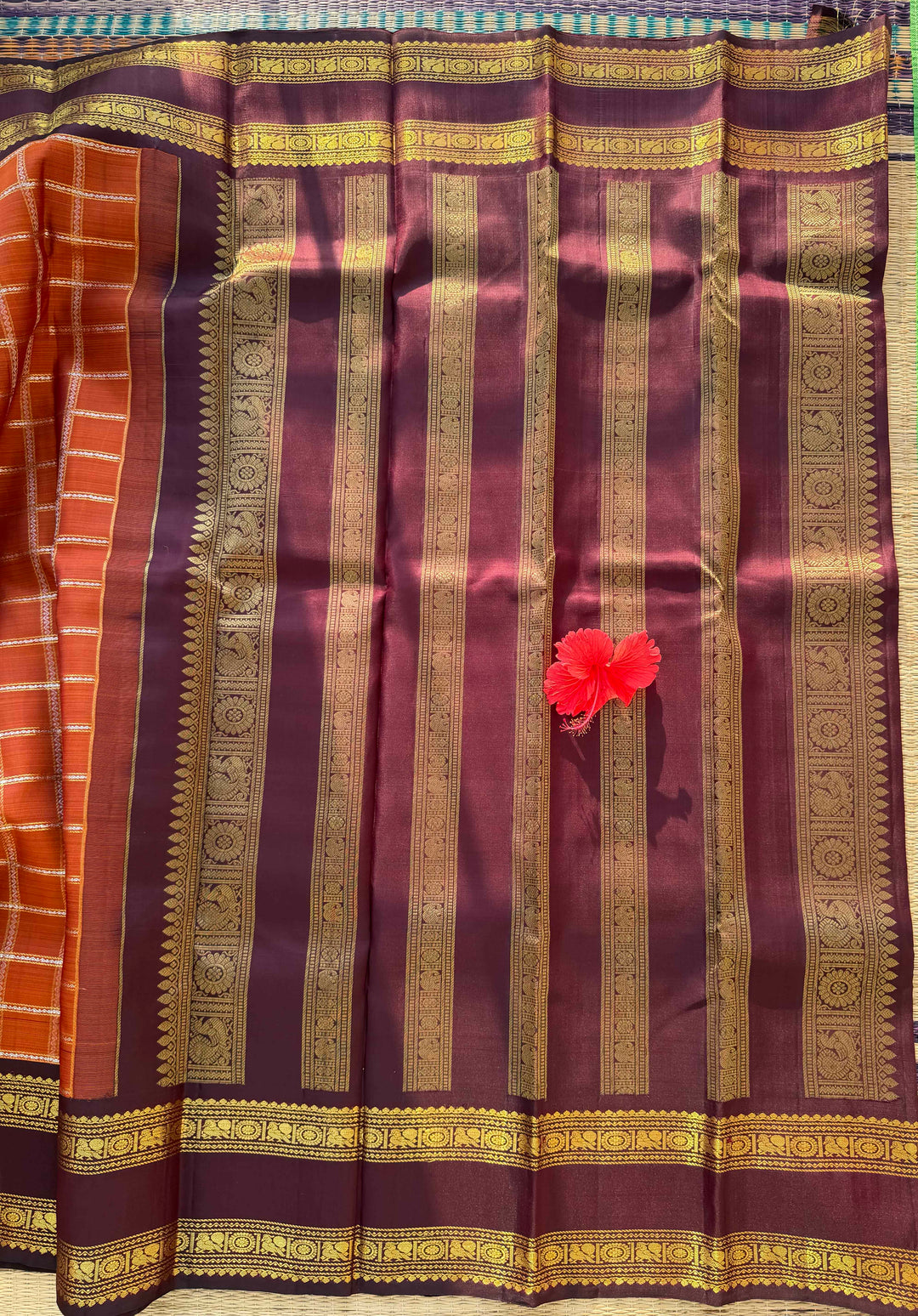 Sovereign Earth: Rust Orange & Dark Brown Kanchipattu Saree with Gandaberunda Artistry