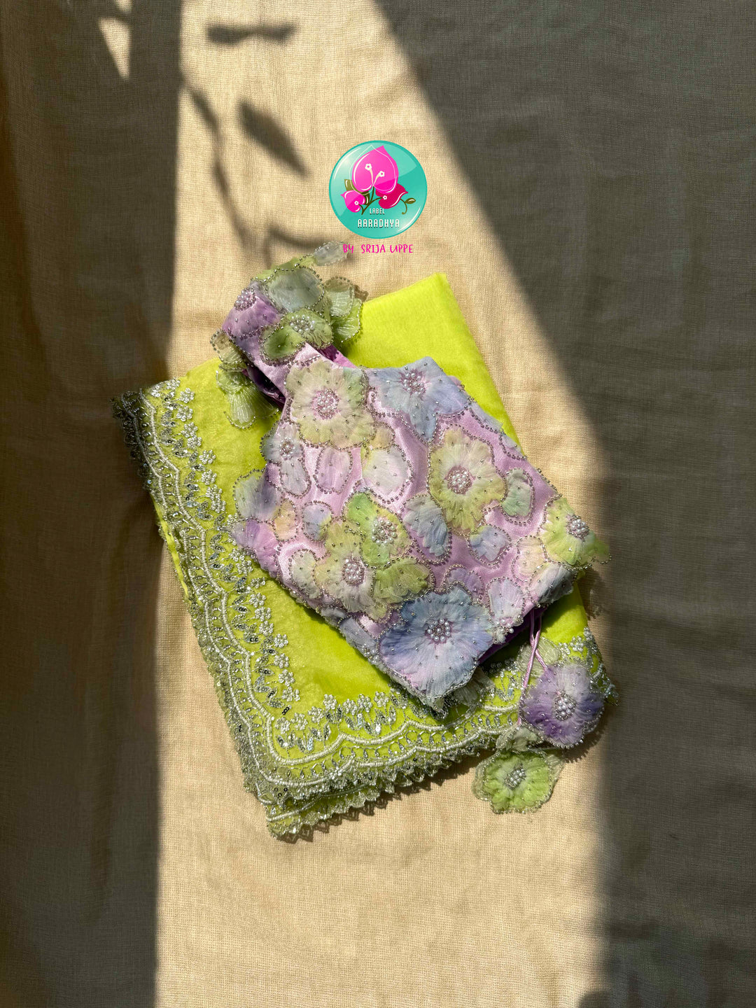 Electric Starlight: Neon Green Organza Saree with Silver Kardana & Kaleidoscopic Net