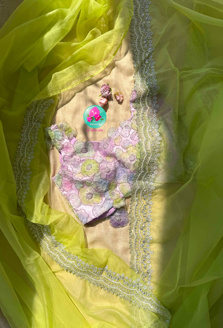 Electric Starlight: Neon Green Organza Saree with Silver Kardana & Kaleidoscopic Net