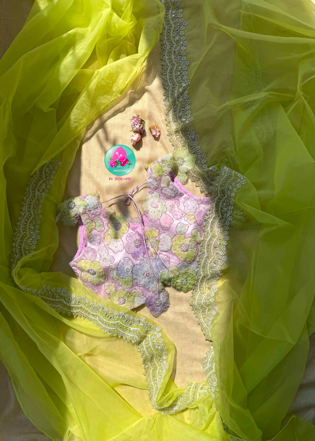 Electric Starlight: Neon Green Organza Saree with Silver Kardana & Kaleidoscopic Net