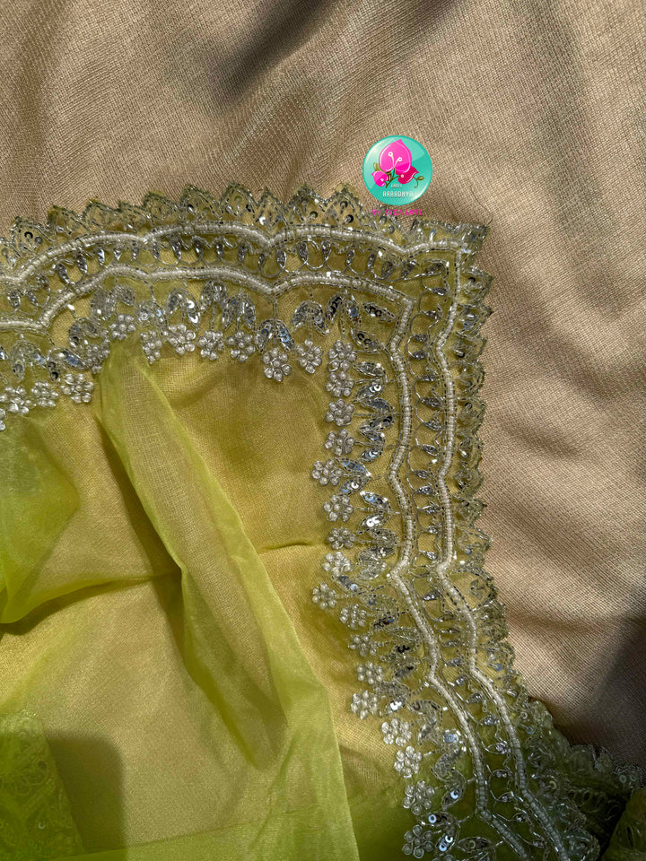 Neon Green Organza Saree with Silver Kardana & green palette embroidered Net