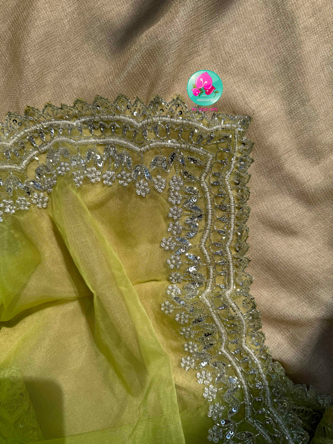 Electric Starlight: Neon Green Organza Saree with Silver Kardana & Kaleidoscopic Net