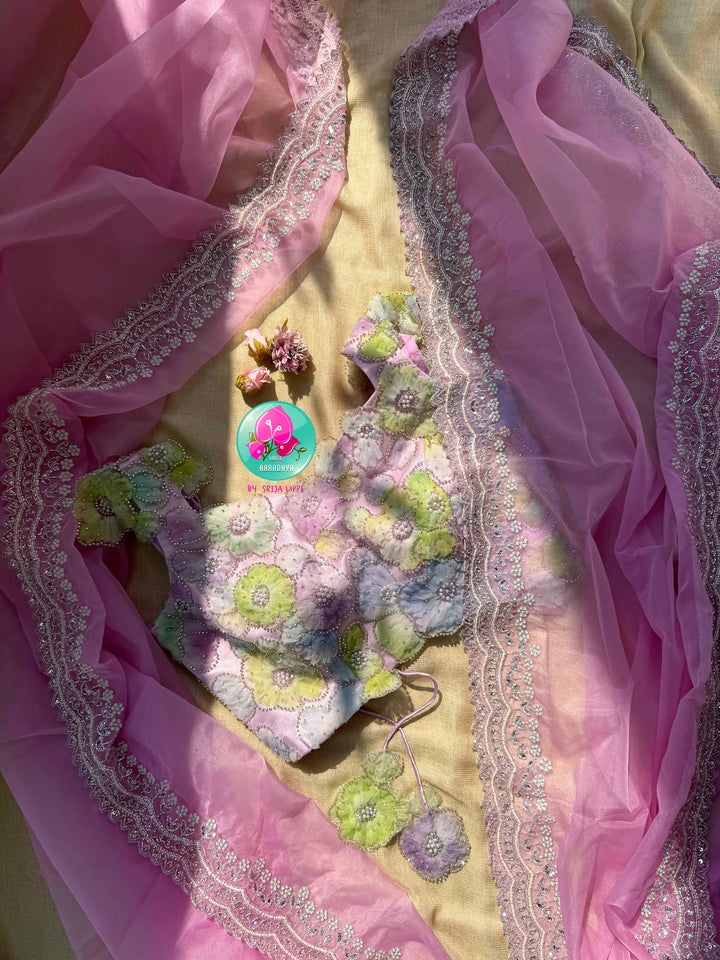 Blushing Starlight: Pastel Pink Organza Saree with Silver Kardana & Kaleidoscopic Net