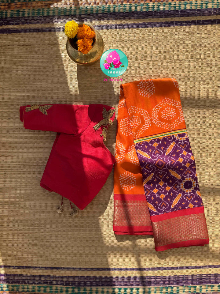 The Heritage Harmony: Pure Silk Bandhani & Patola Printed Saree Fusion with Artisan Bird Blouse