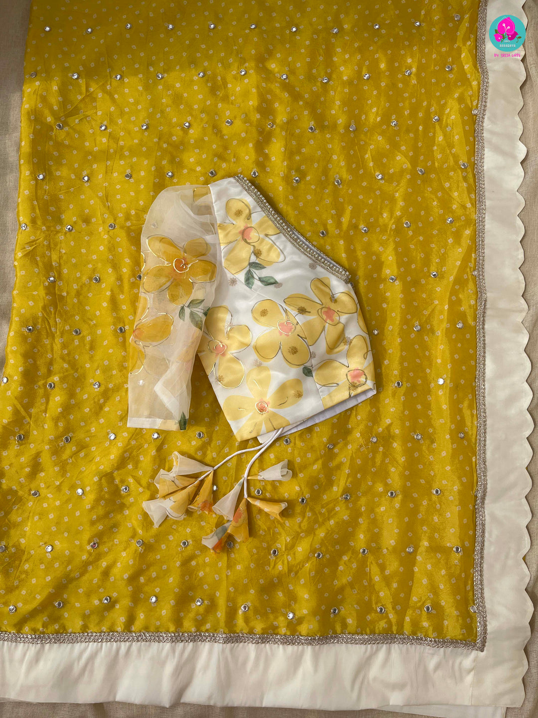 Mirror worked chiffon saree with Floral Organza Blouse