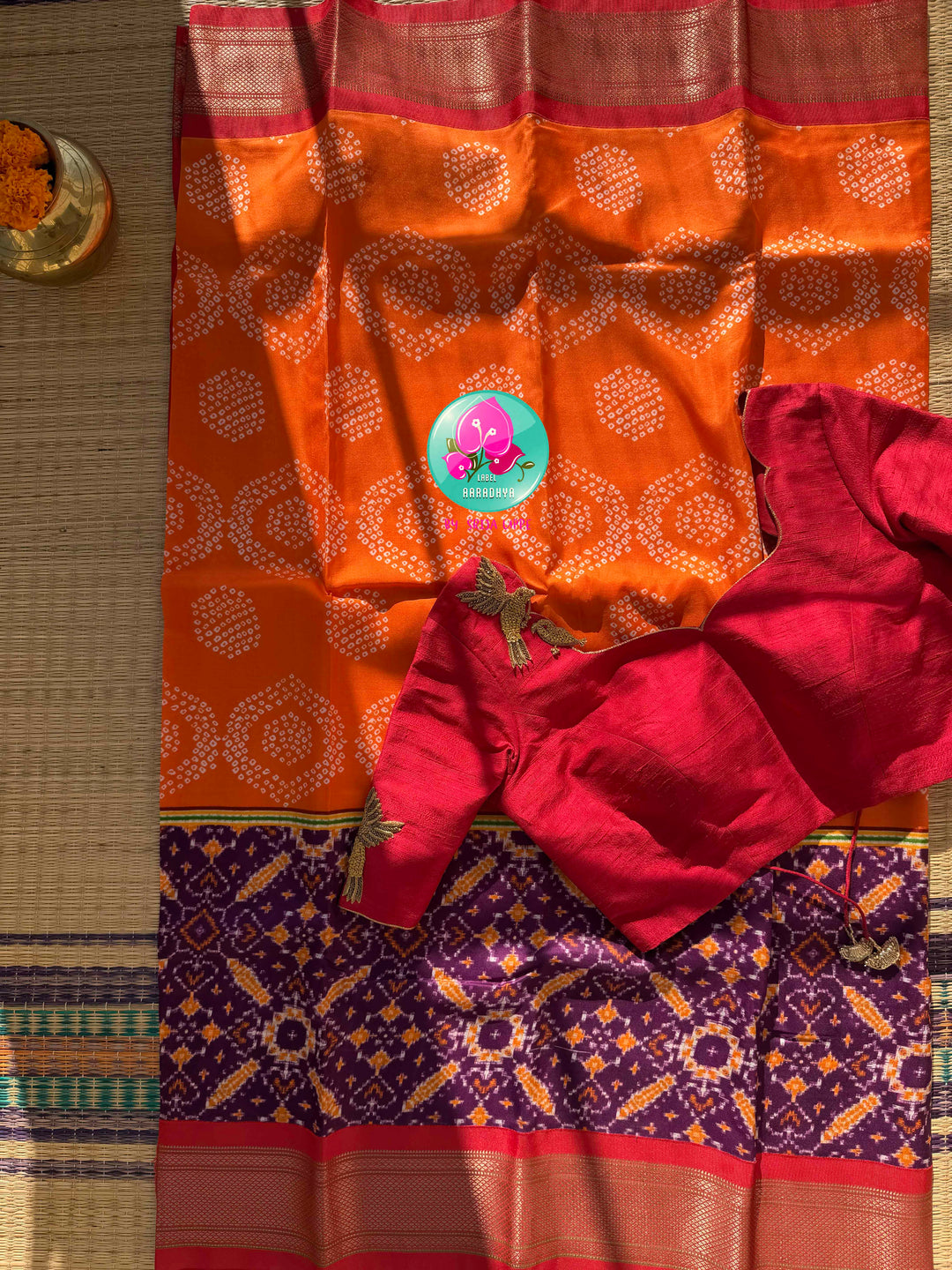 The Heritage Harmony: Pure Silk Bandhani & Patola Printed Saree Fusion with Artisan Bird Blouse