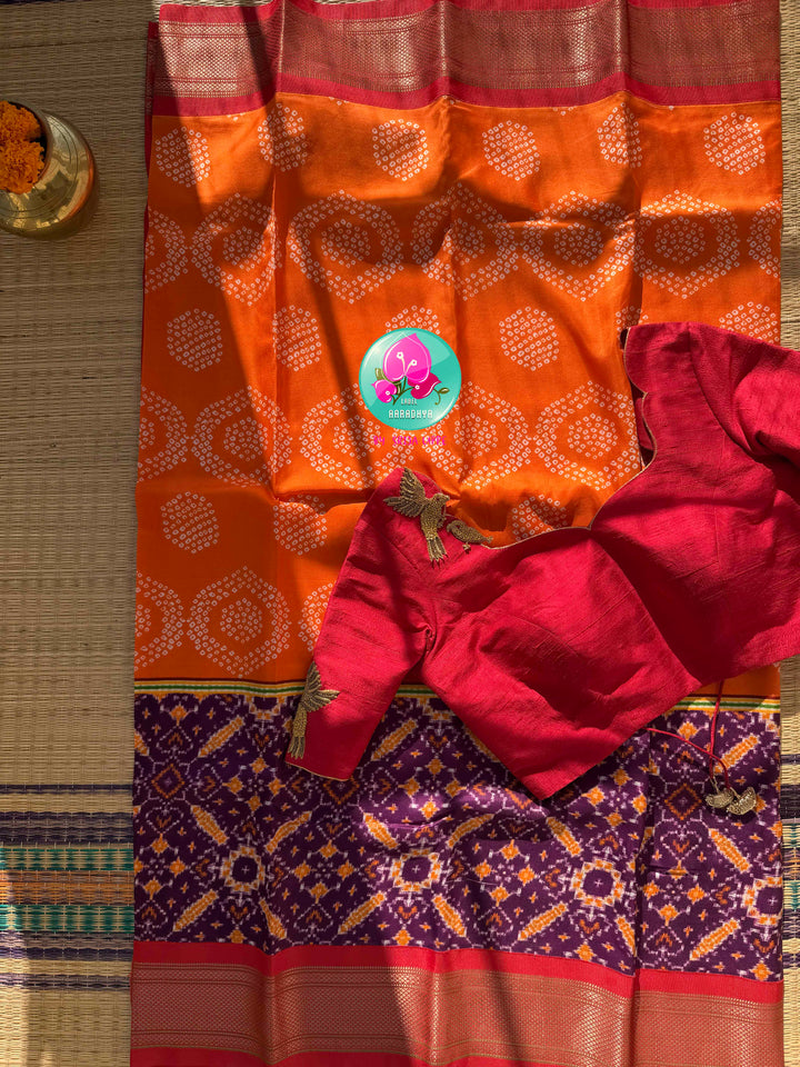The Heritage Harmony: Pure Silk Bandhani & Patola Printed Saree Fusion with Artisan Bird Blouse