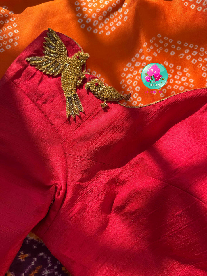The Heritage Harmony: Pure Silk Bandhani & Patola Printed Saree Fusion with Artisan Bird Blouse