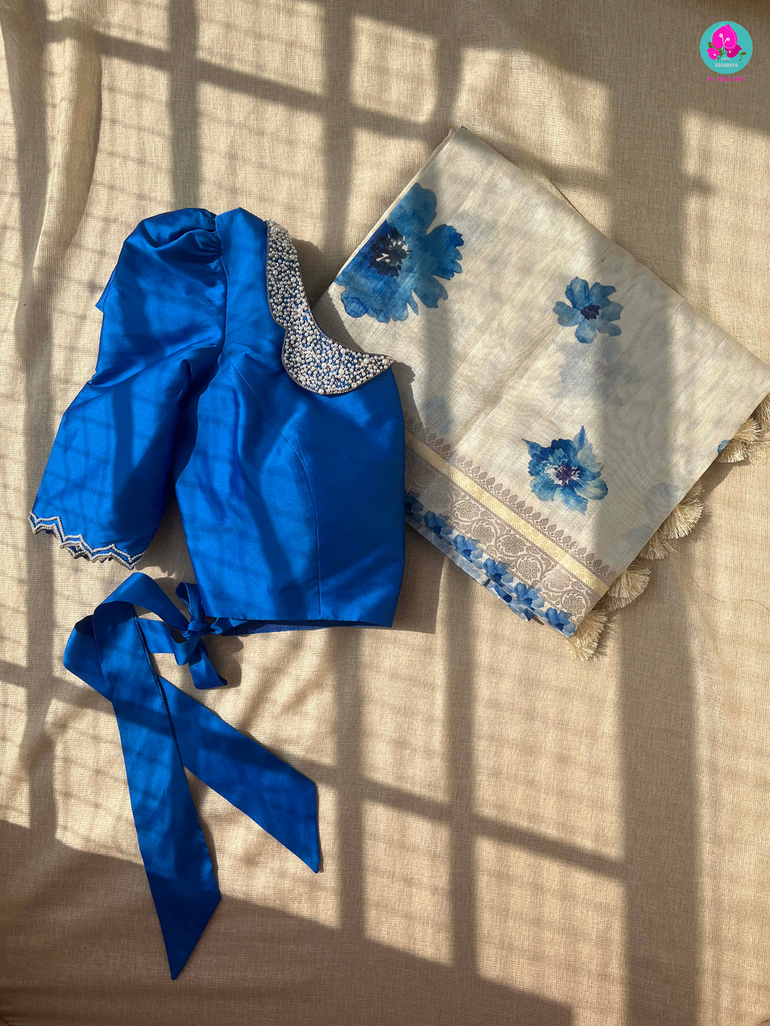 Offwhite semi tussar silk saree peter pan collared blouse