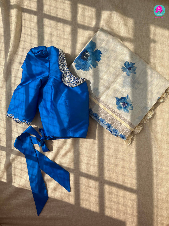 Offwhite semi tussar silk saree peter pan collared blouse